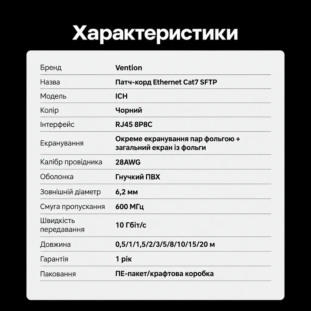 Мережевий кабель Ethernet Vention 3 м патч-корд RJ45 8P8C Cat7 до 10 Гбіт/с з подвійним екрануванням з гнучкою оболонкою 600 МГц чорний (ICHBI) - фото 10