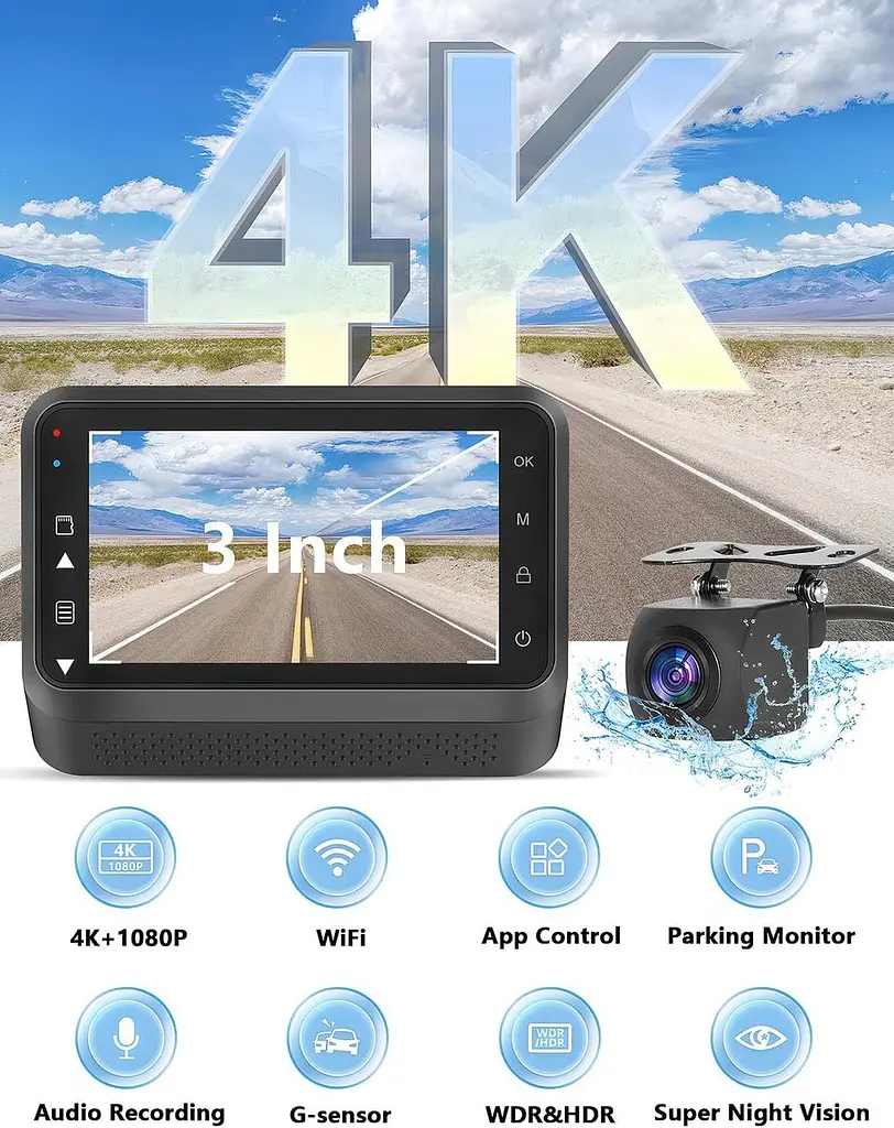 Автомобільний відеореєстратор CHORTAU 4K+1080P з Wi-Fi, 3-дюймовим IPS-дисплеєм, додатком та безкоштовною карткою пам'яті на 64 ГБ - фото 2