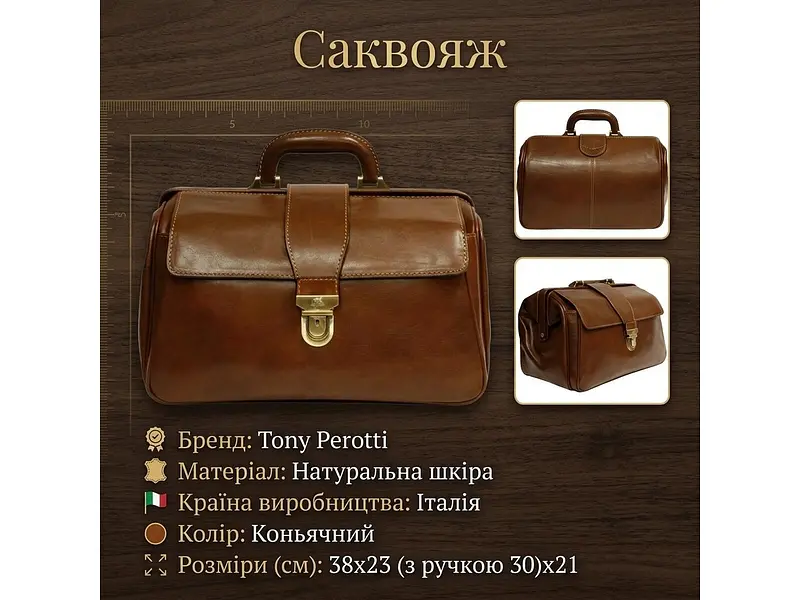 Саквояж із натуральної шкіри Italico 8051 коньячний 38×23 (з ручкою 30)×21 см TONY PEROTTI sum0029138 - фото 3