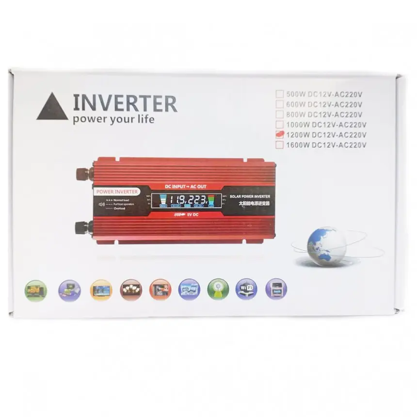 Инвертор напряжения Solar Smart King Power Inverter 012 модифицированная синусоида Red 1 розетка 1 USB экран с 12V на 220V 1200W (11033) - фото 6