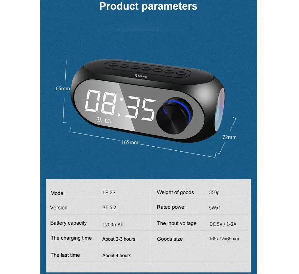 Портативная колонка, часы, будильник Kisonli LP2S Bluetooth 1200mAh 5Вт Black - фото 3