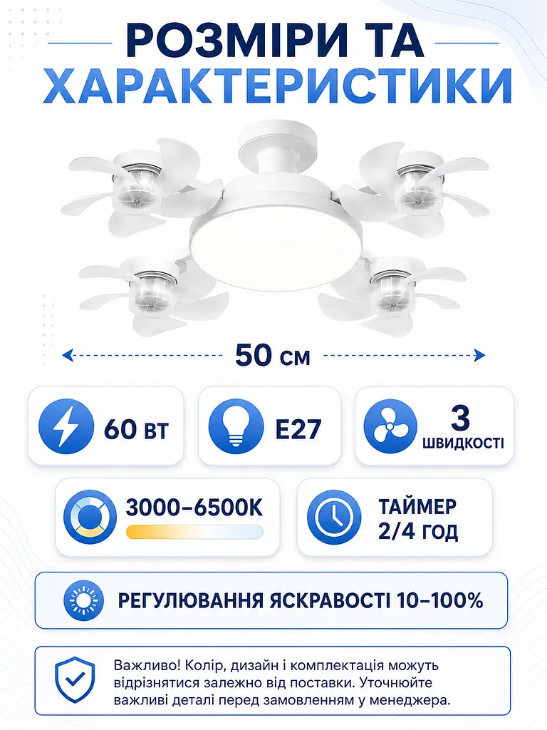 Стельова LED люстра-вентилятор 60 Вт E27 50 см з пультом біла (49676074) - фото 3