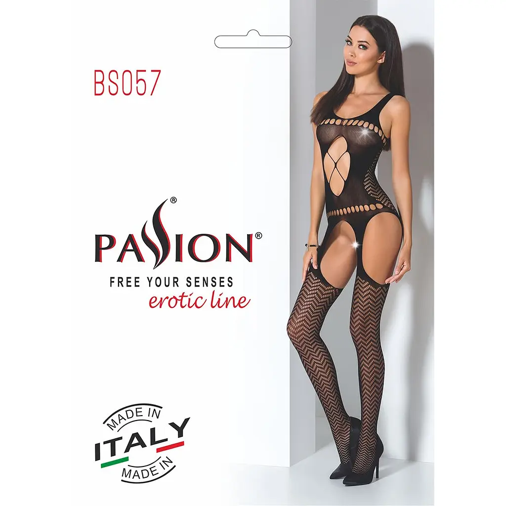 Бодістокінг Passion BS057 black, комбінезон, імітація панчох і пояса - фото 7