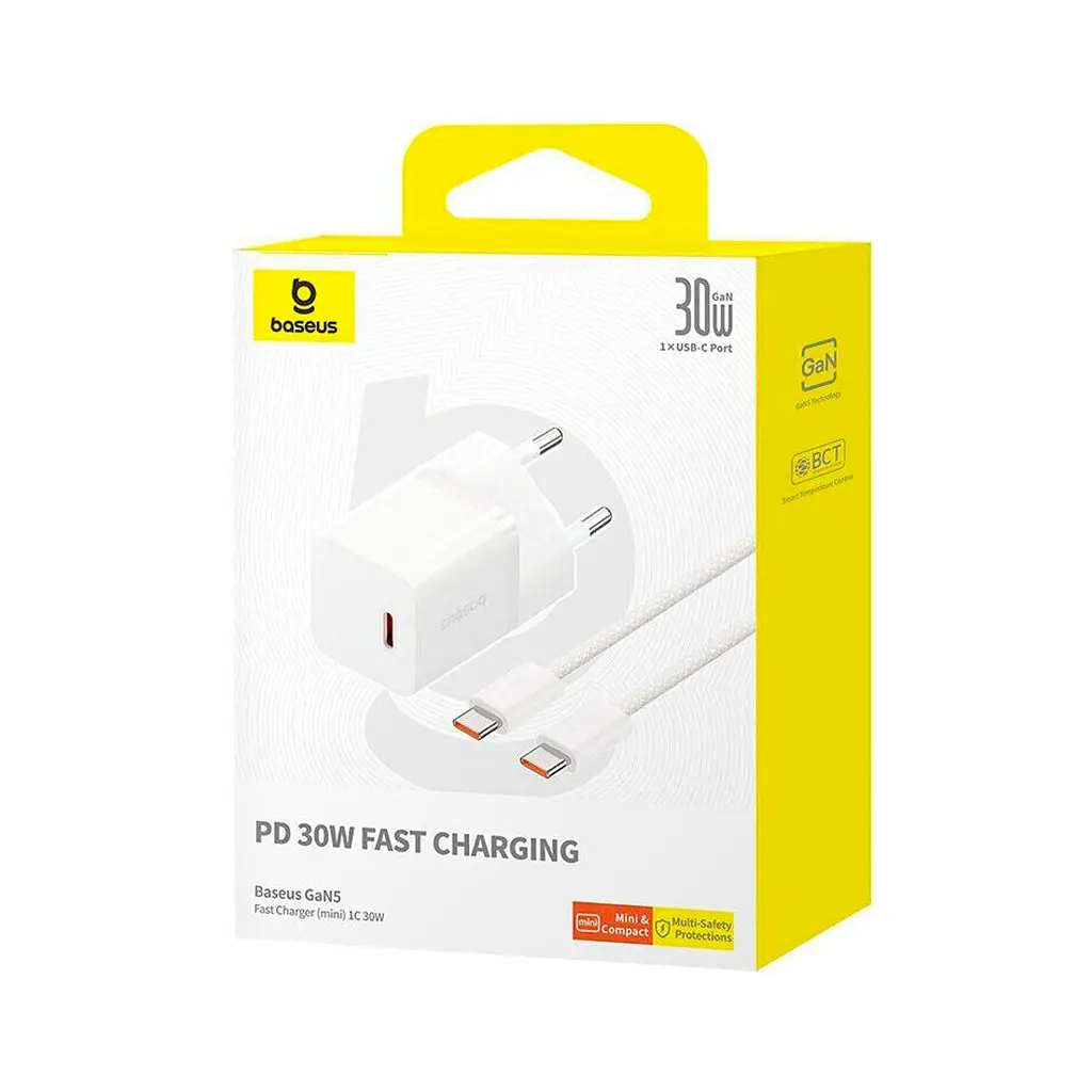 Зарядний пристрій Baseus GaN5 швидке заряджання USB-C 30 Вт + кабель 1.0 м USB-C 100 Вт білий (P10110902213-00) - фото 7