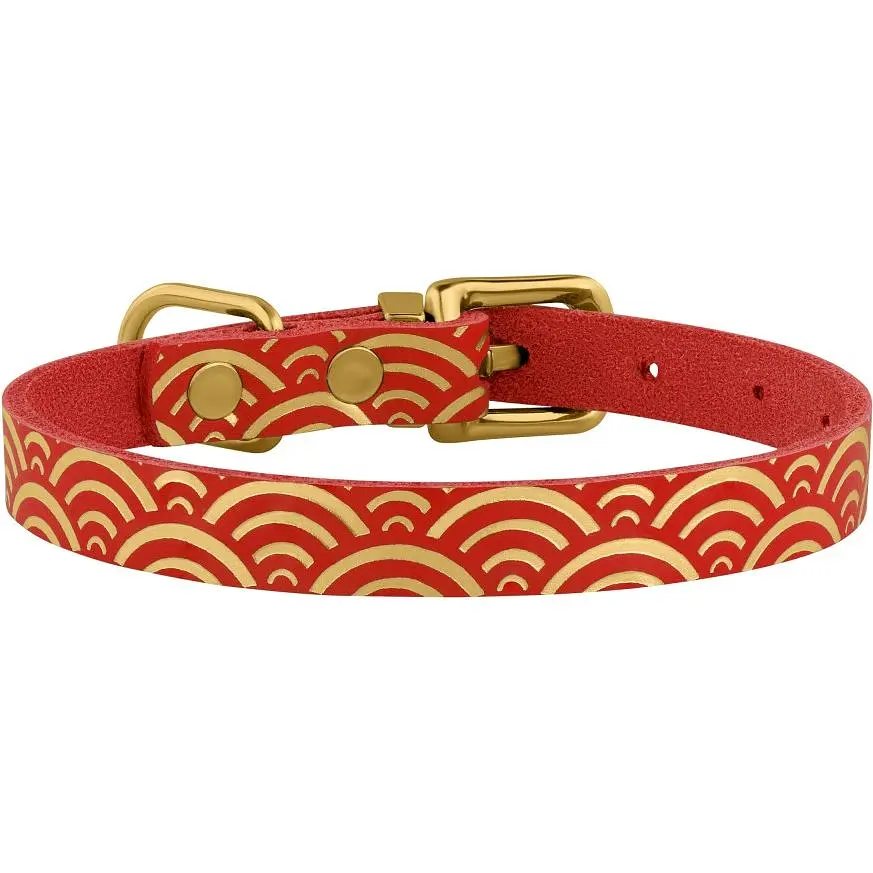 Ошейник для кошек BronzeDog Barksi Classic Море кожаный одинарный с золотым тиснением 2XS 18-25х1 см красный - фото 2