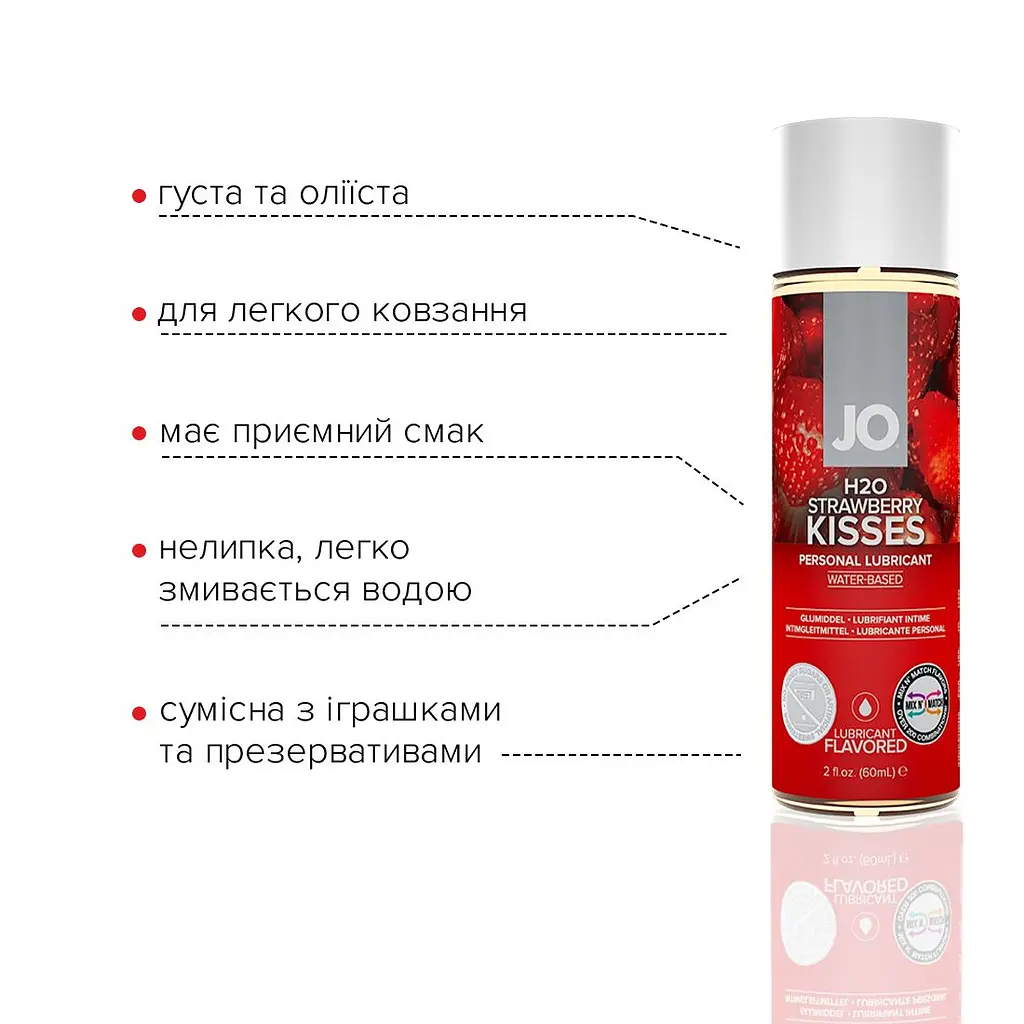 Змазка на водній основі JO H2O — Strawberry Kiss (60 мл) без цукру, рослинний гліцерин - фото 3