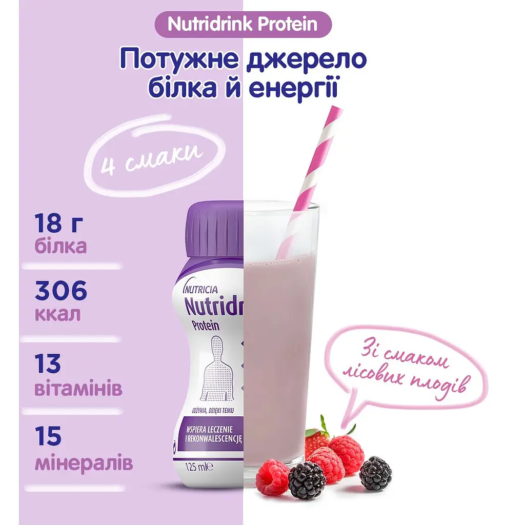 Набір ентеральне харчування Nutricia Nutridrink Protein Berries flavour зі смаком лісових плодів 4 шт. x 125 мл - фото 3