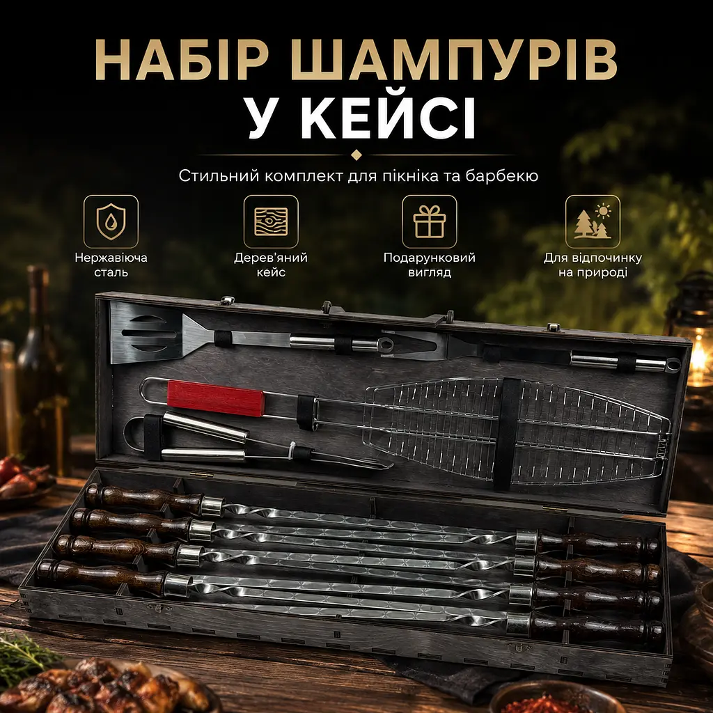 Набір шампурів у кейсі 12 предметів з нержавіючої сталі з BBQ-лопаткою, виделкою та решіткою для риби - фото 2