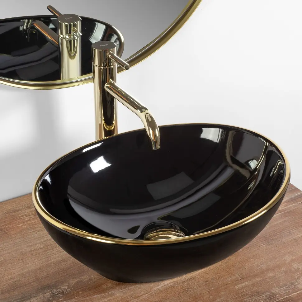Умивальник Rea Sofia 41x34,5 black gold edge (REA-U3695), Глянцева - фото 2
