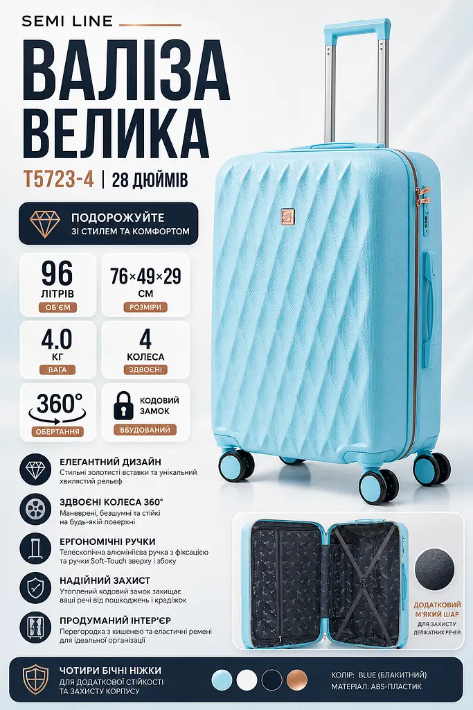 Валіза велика Semi Line T5723-4 28 дюймів 96 л Блакитний - фото 3