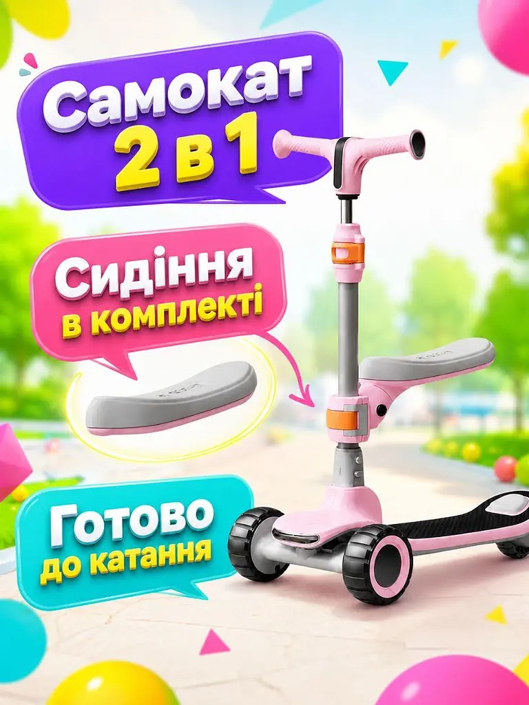 Дитячий самокат-біговел 2в1 рожевий із сидінням музикою та підсвічуванням коліс (49675959) - фото 7