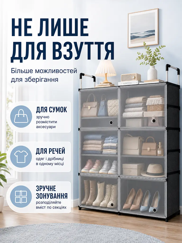 Шафа-органайзер для взуття та речей 82x28x102 см з дверцятами, 10 полиць, прозорий (49675901) - фото 6
