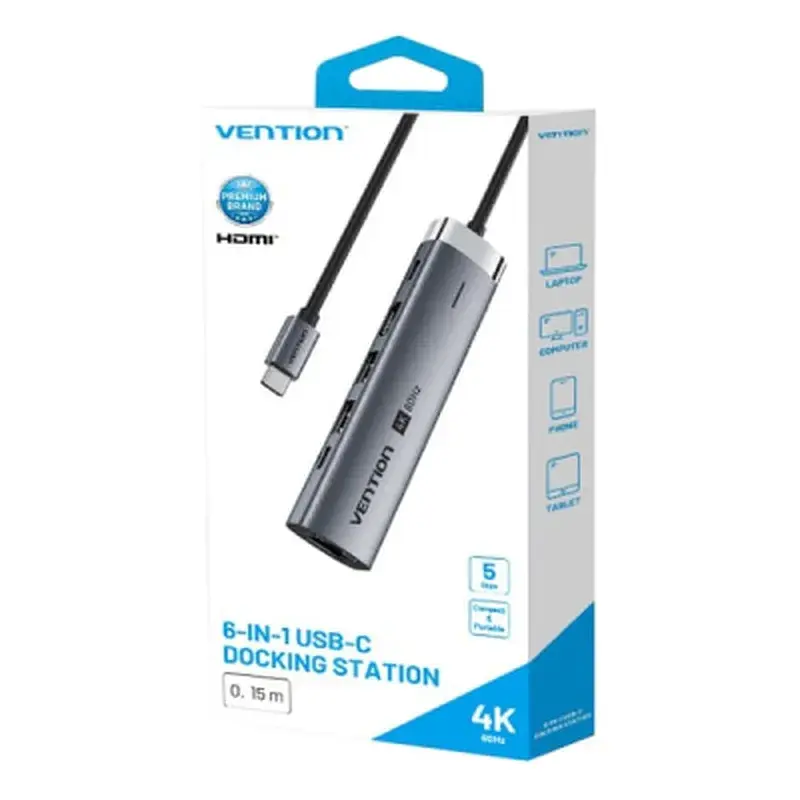 Концентратор Vention USB-C 6-in-1 HDMI + 2xUSB 3.0 + RJ45 + PD 100W (TGNHB) - фото 3