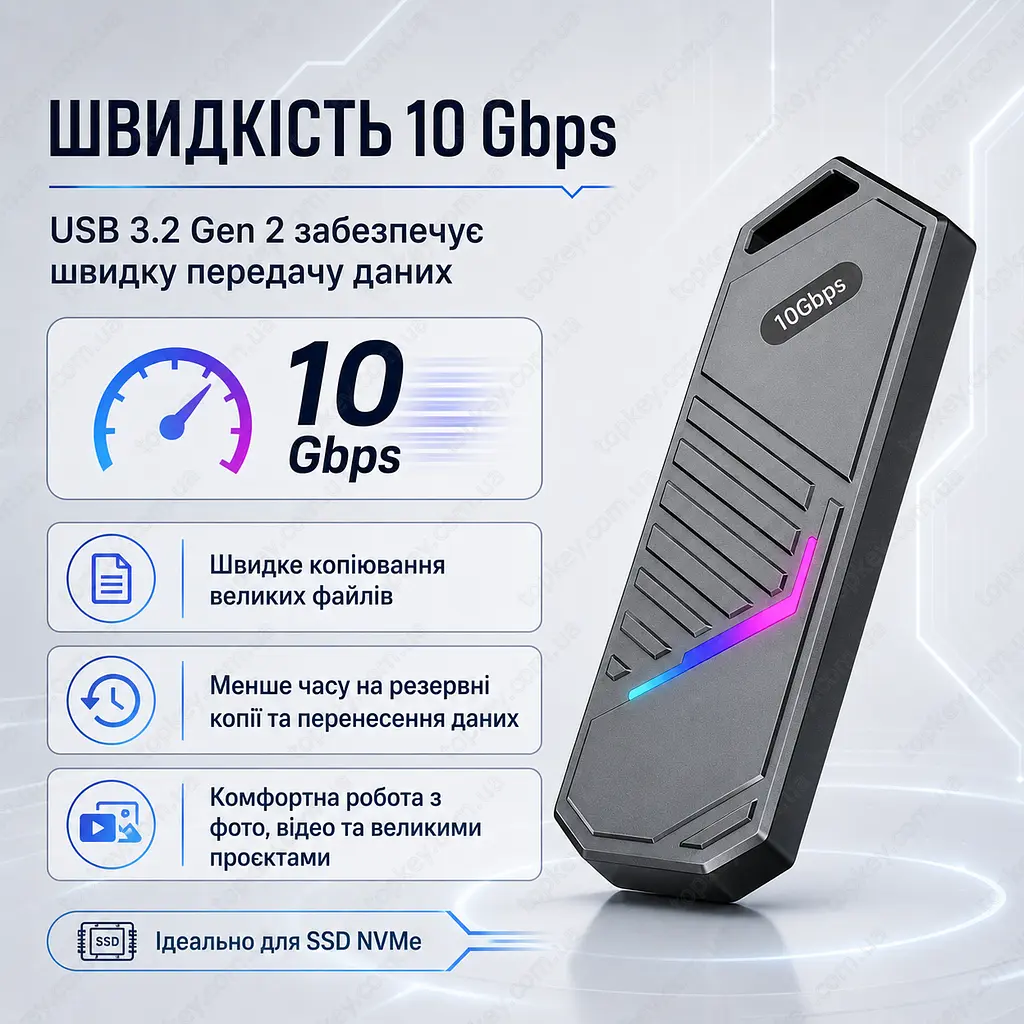 Зовнішня кишеня для SSD M.2 NVMe кишеня M.2 USB-C корпус для SSD M.2 USB 3.2 Gen2 10Gbps перехідник M.2 NVMe на USB - фото 3