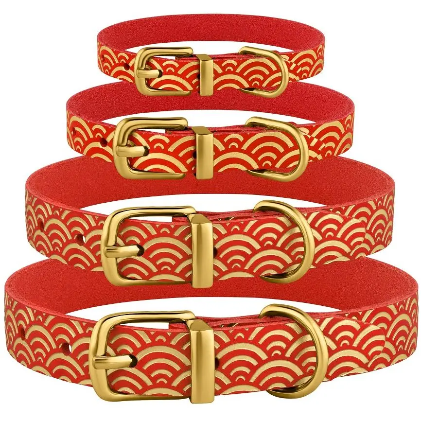 Ошейник для собак BronzeDog Barksi Classic Море кожаный одинарный с золотым тиснением 33-43х2 см красный - фото 5