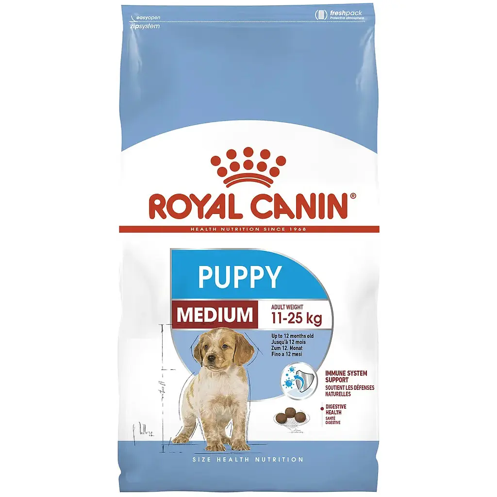 Сухой корм Royal Canin Medium Puppy для щенков средних пород, с мясом птицы и кукурузой, 15 кг + Жевательная таблетка Bravecto от блох и клещей для собак с весом от 10 до 20 кг - фото 2