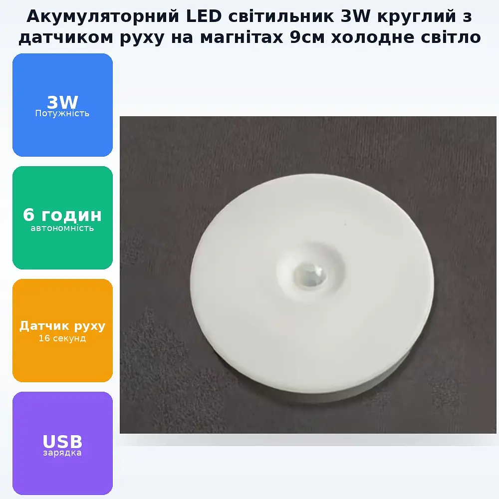 Акумуляторна LED лампа 3W кругла з датчиком руху світильник на магнітах ліхтар 9см універсальне підсвічування холодне світло