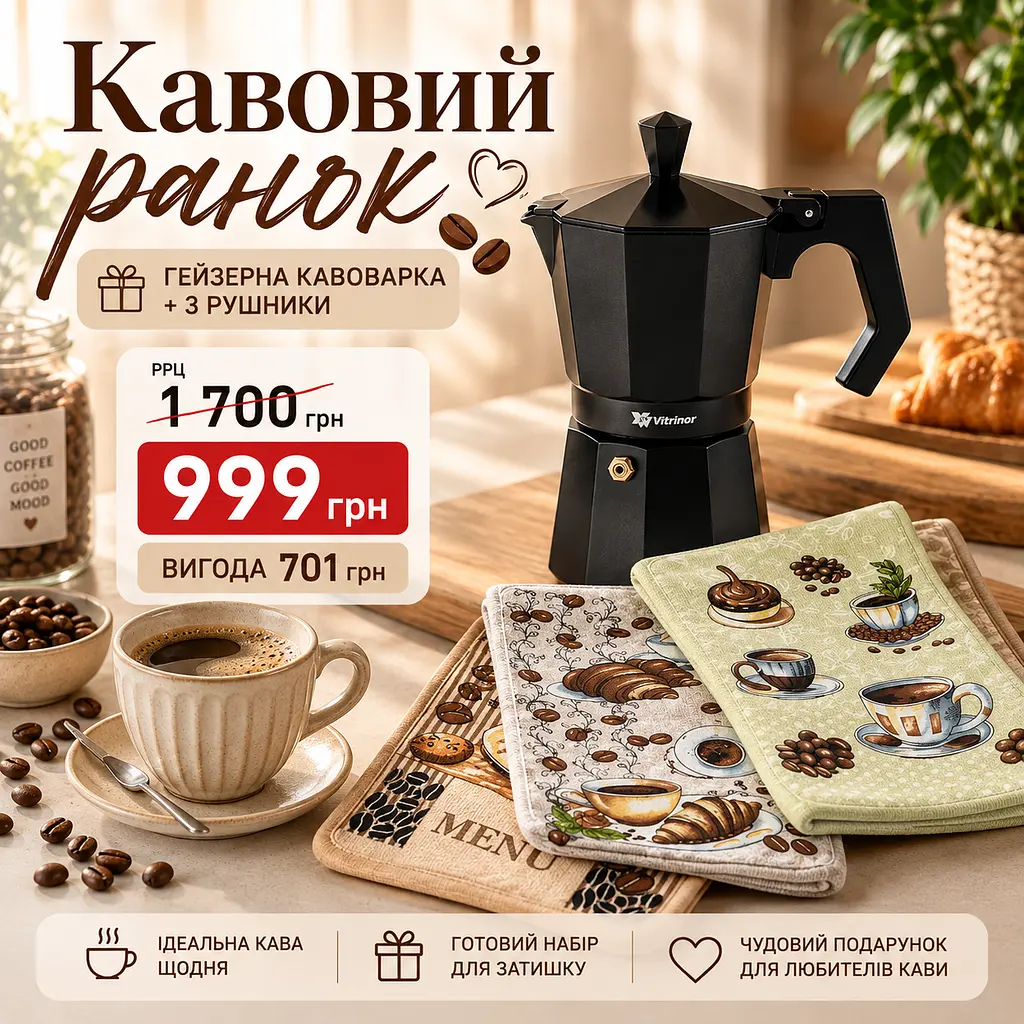 Набір «Кавовий ранок»: гейзерна кавоварка VITRINOR BLACK + 3 кухонні рушники HomeBrand - фото 2