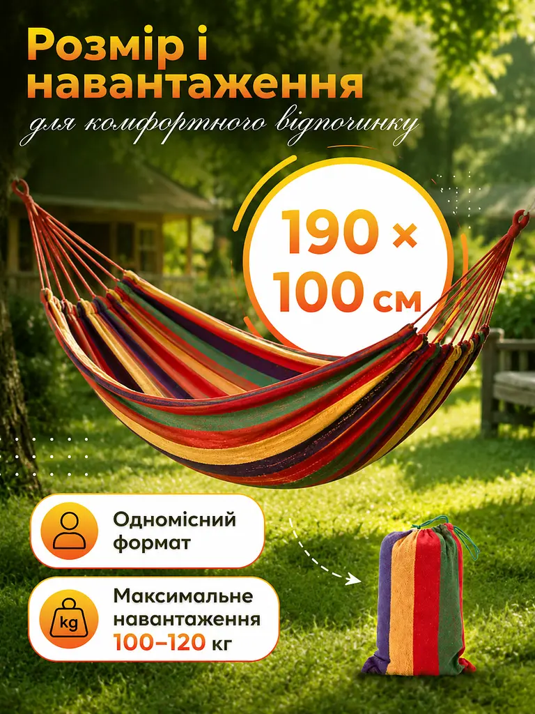 Покращений гамак підвісний мексиканський з щільною бавовняною тканиною для туризму та дачі mix II NEW 190 х 100 см Різнокольоровий - фото 7