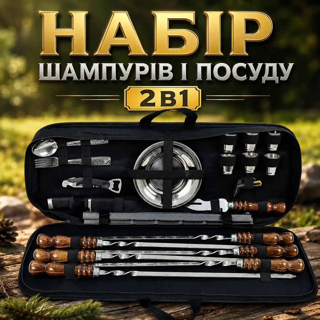 Подарунковий набір шампурів та посуду з нержавіючої сталі у чохлі з аксесуарами - фото 2