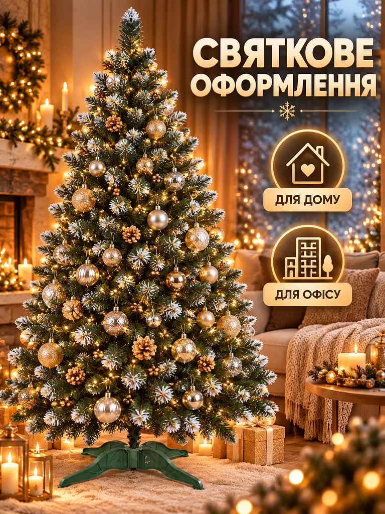 Сертифікована ялинка штучна пухнаста зі снігом і золотими шишками та перлинами YaLINKA КZ22 220 см із високоякісного нешкідливого - фото 9