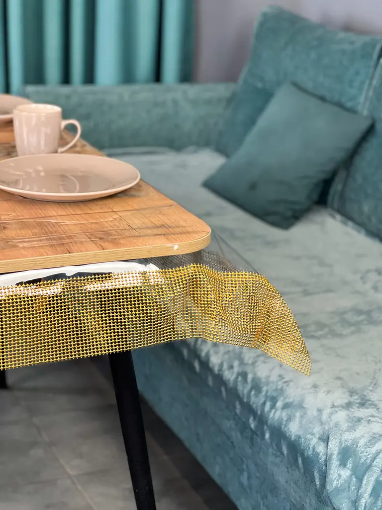 Скатертина силіконова із золотою перлинною стрічкою 300х160 см - фото 6
