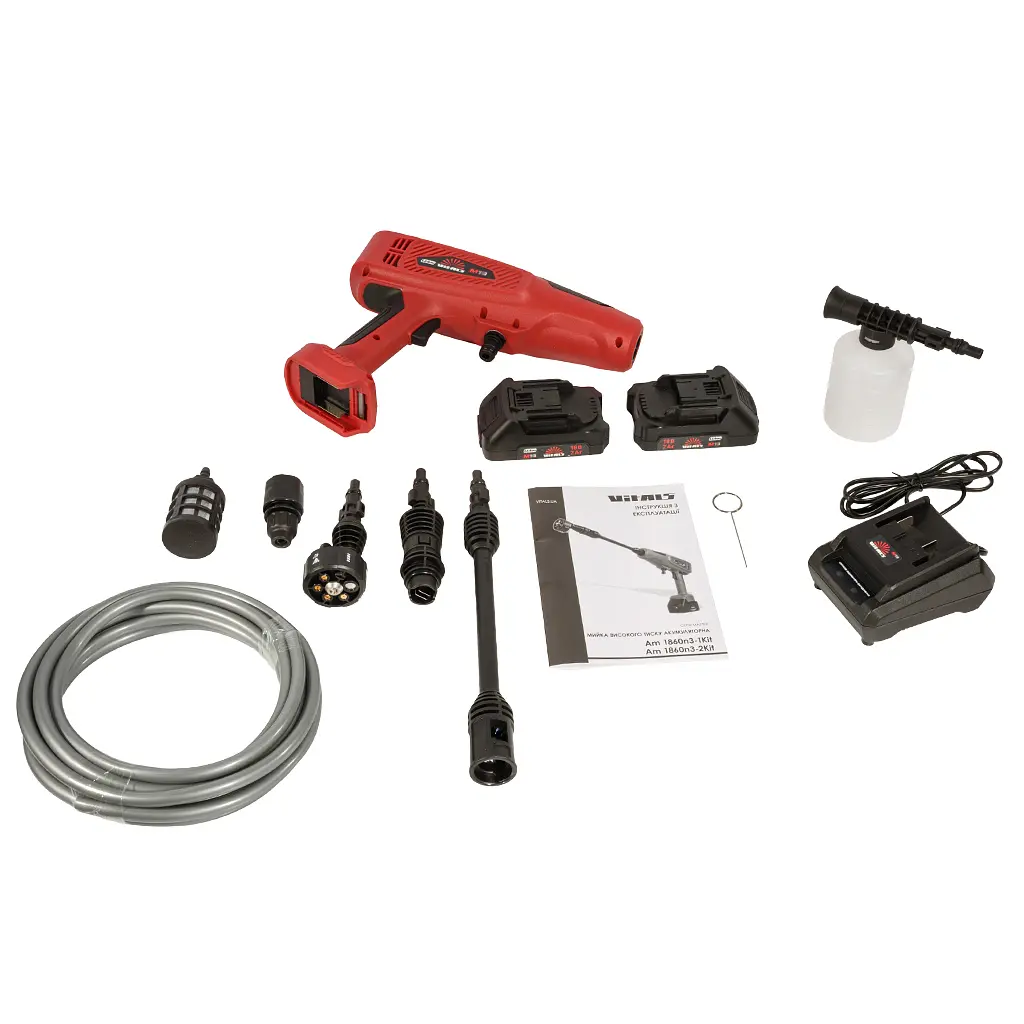 Мийка високого тиску Vitals Master Am 1860n3-2Kit, низького тиску, 18V, 2×2Ah, 180l/год, 30bar, кейс (243498) - фото 2
