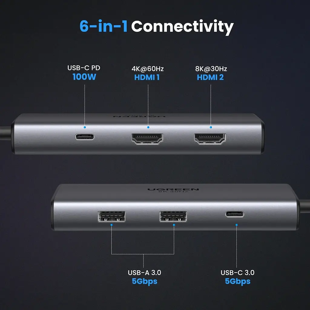 Док-станція USB3.1 Type-C --> HDMIx2 4K60Hz (8k30Hz)/USB 3.0x2/Type-C/PD 100W CM498 6 in 1 Ugr - фото 5