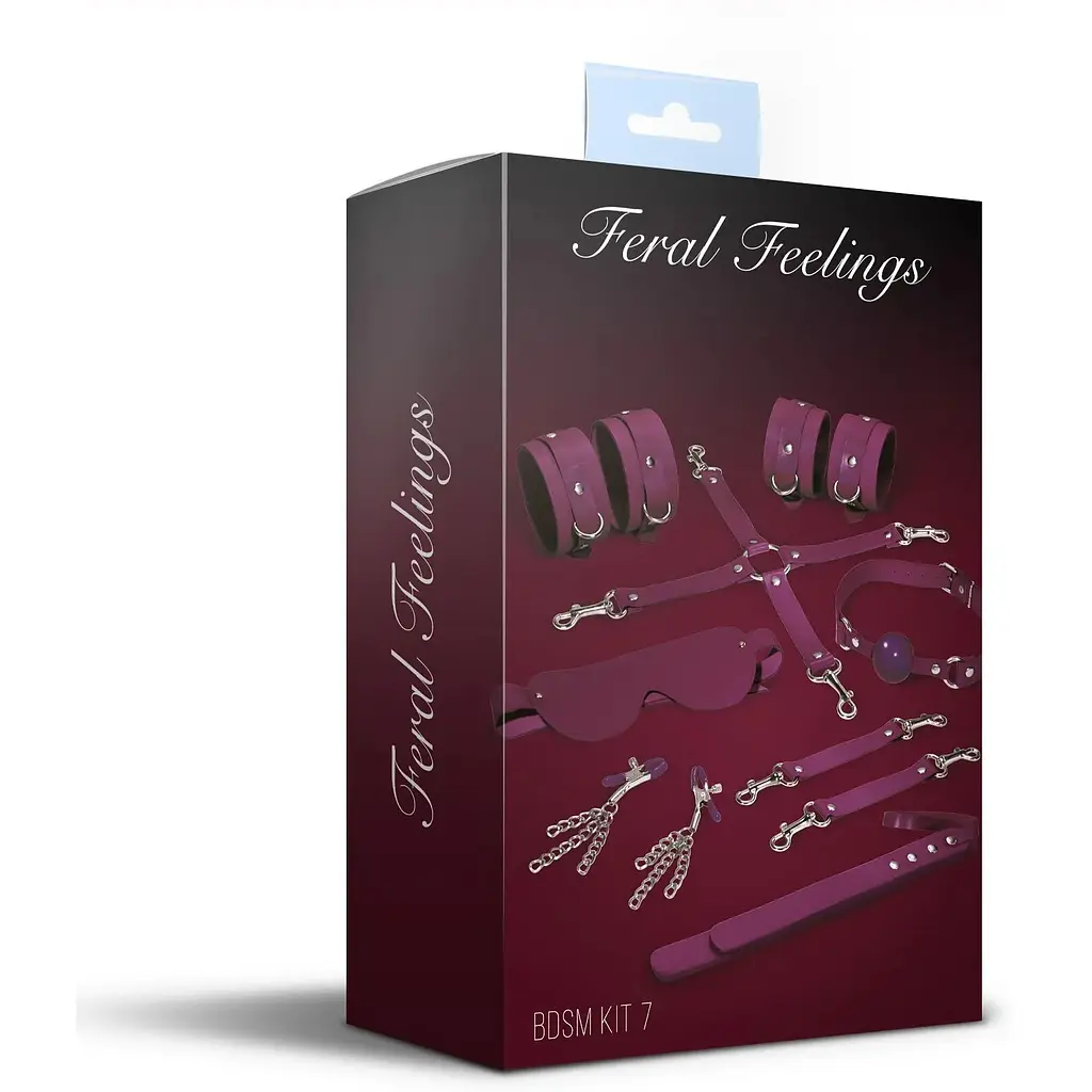 Набір Feral Feelings BDSM Kit 7 Burgundy, наручники, поножі, конектор, маска, падл, кляп, затискачі - фото 2