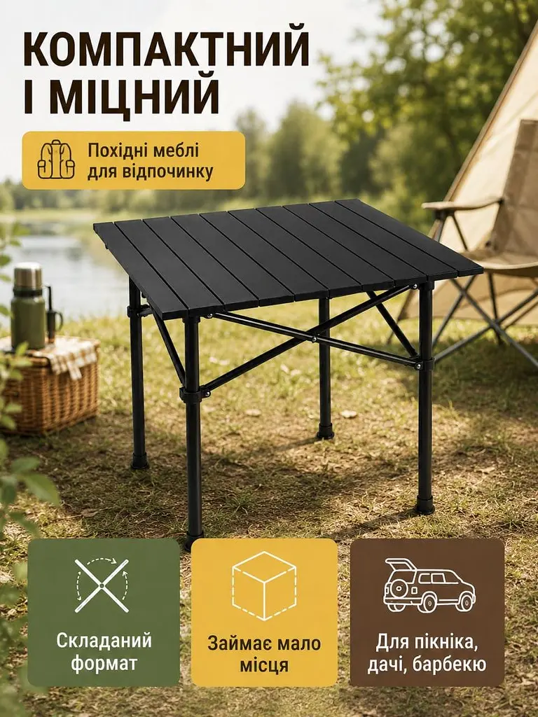 Стіл складаний туристичний 52×52×50 см чорний для пікніка кемпінгу та риболовлі (49675939) - фото 4
