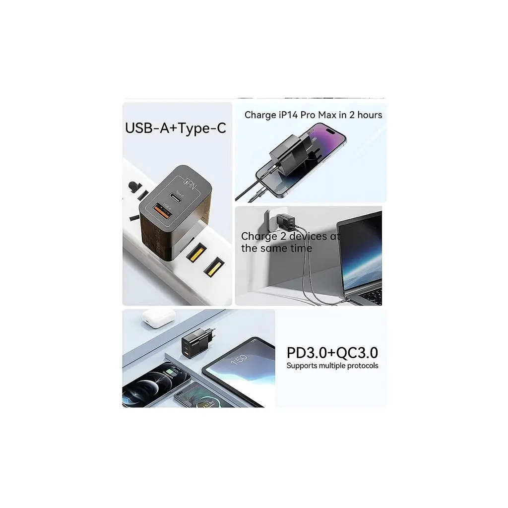 Зарядний пристрій 1xUSB-C + 1xUSB 33W Essager (ECTAC-PCB01-P) - фото 10