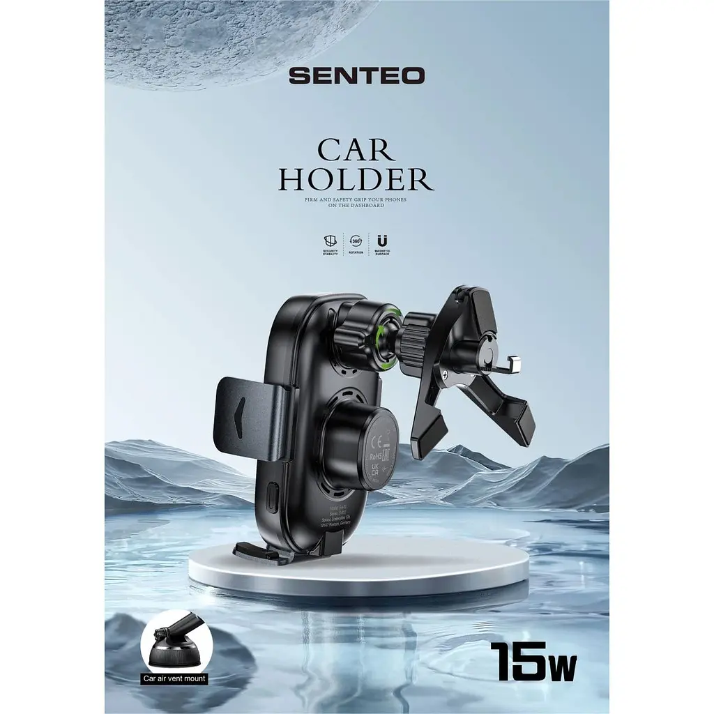 Автотримач із бездротовою зарядкою Senteo SH-02 Drift 2 Wireless Charging 15W Dashboard + Airvent Black [171637] - фото 6