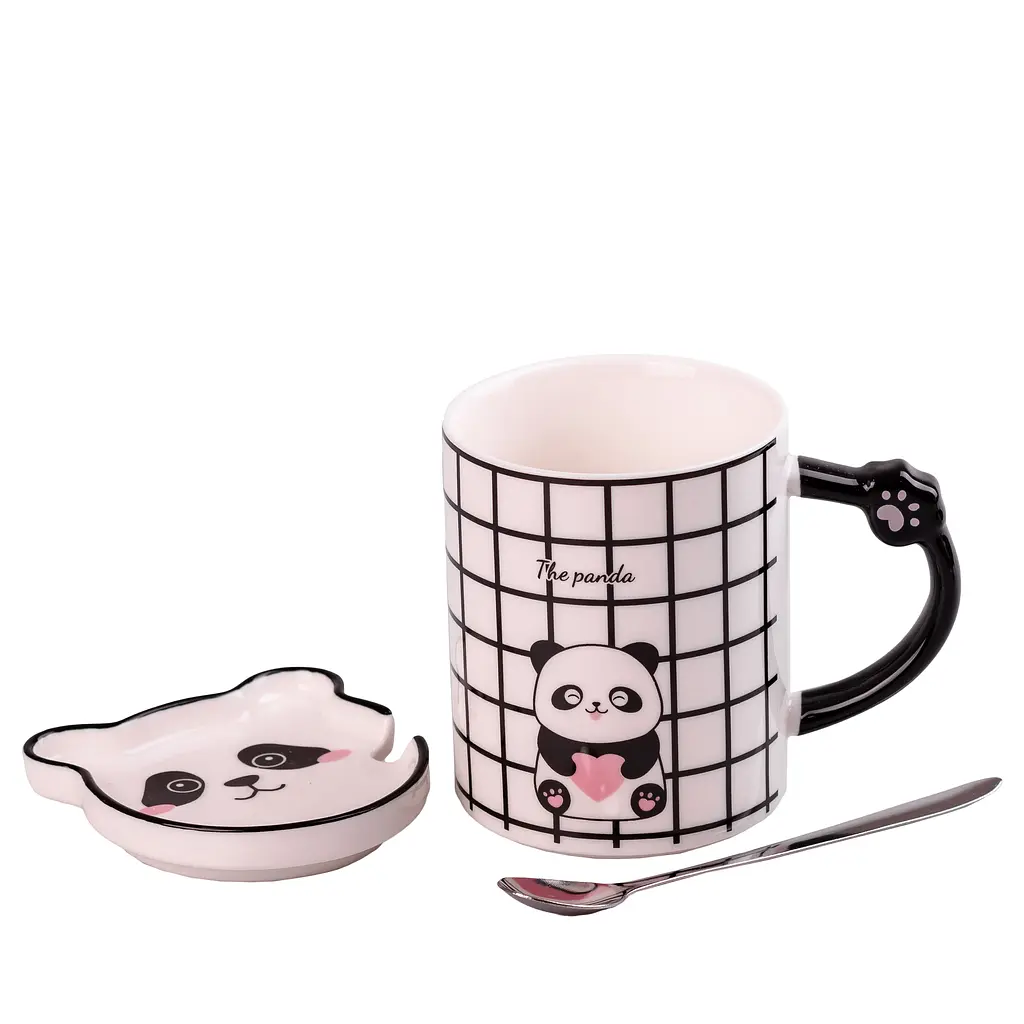 Чашка керамическая Happy Life The Panda с блюдцем и ложкой клеточка 350 мл HPCY8369C - фото 2
