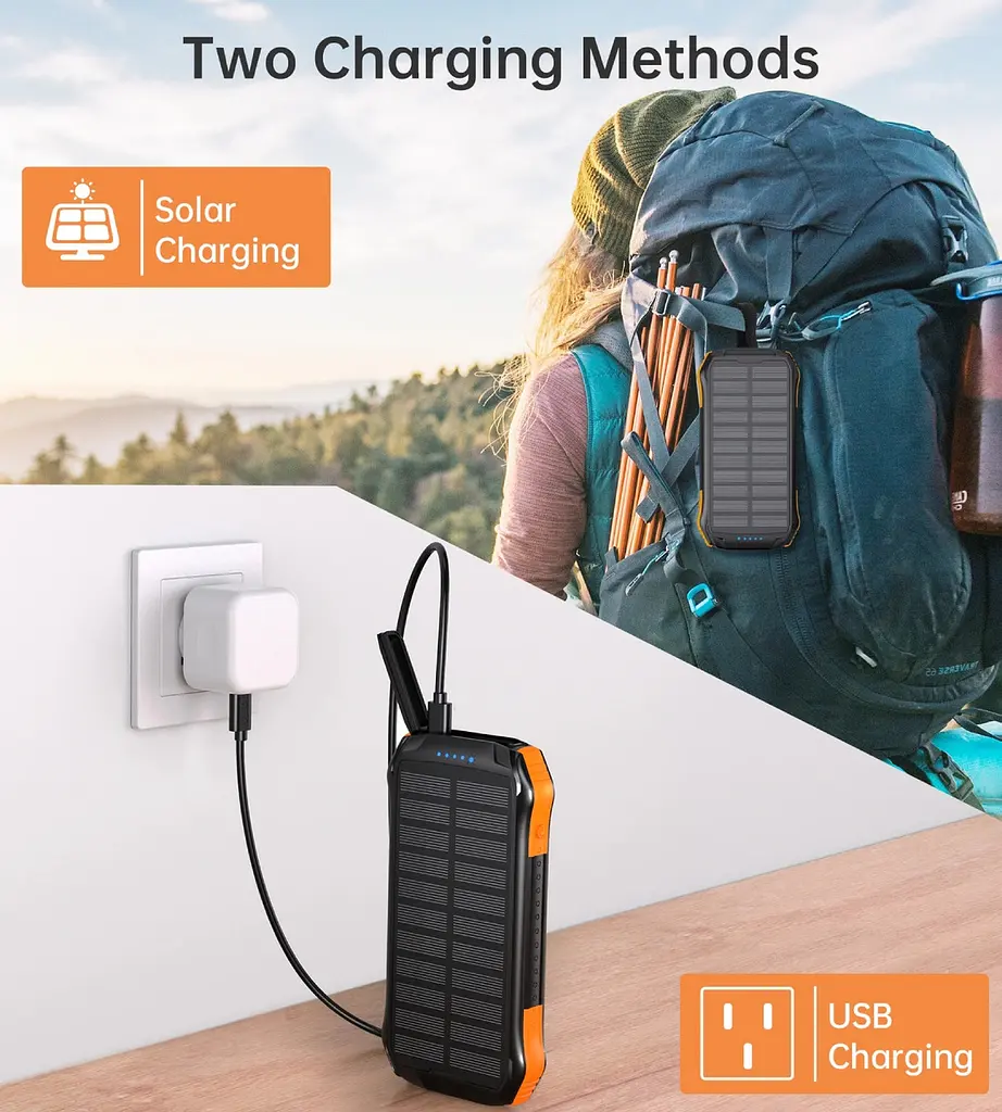Універсальна мобільна батарея Choetech 10000mAh 2xUSB-A,1xUSB-C,solar panel, Qi-5W Чорний-Помаранчевий - фото 5