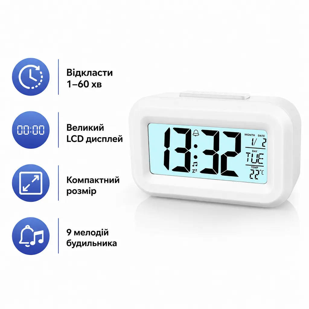 Компактний настільний цифровий годинник будильник Vicloon Digital Alarm Clock білий (SKU-121) - фото 2