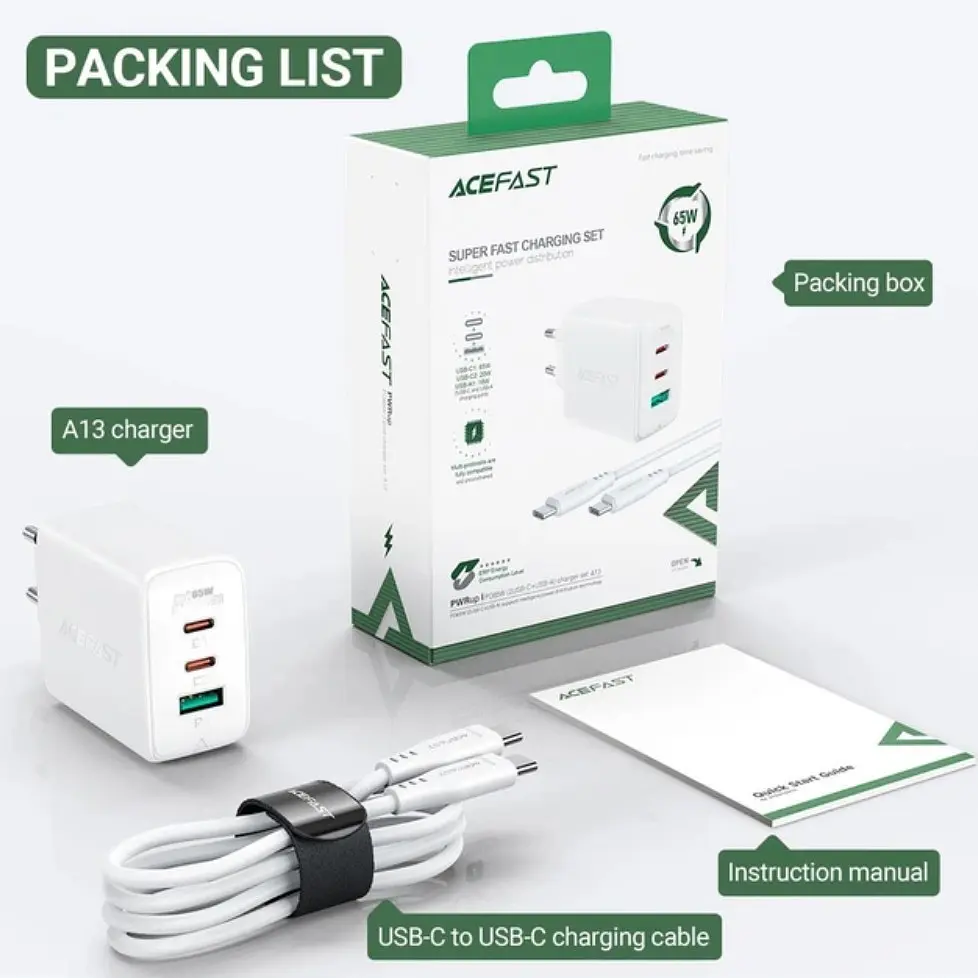 Мережевий зарядний пристрій Acefast A13 Fast Charger PD 65W 2×Type-C / 1×USB з кабелем Type-C to Type-C - White - фото 4