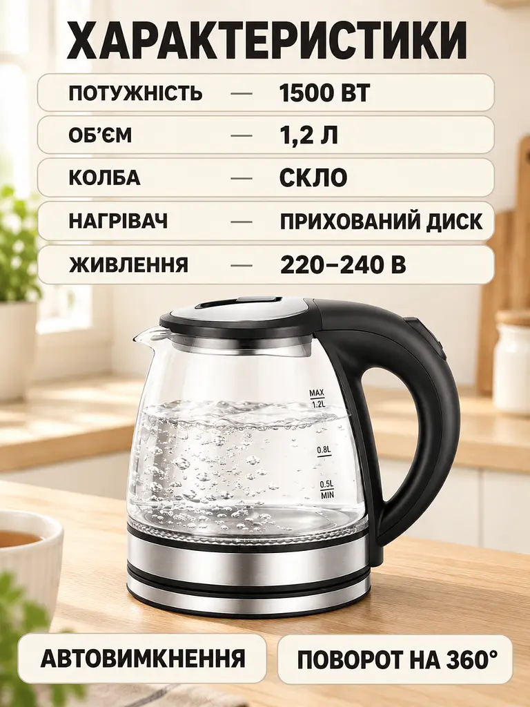Електрочайник зі скляною колбою 1.2 л 1500 Вт з автовимкненням чорний (37261563) - фото 6