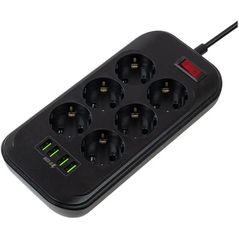 Сетевой фильтр-удлинитель СolorWay CHE-64, 6 розеток 4xUSB 2 м Black - фото 2