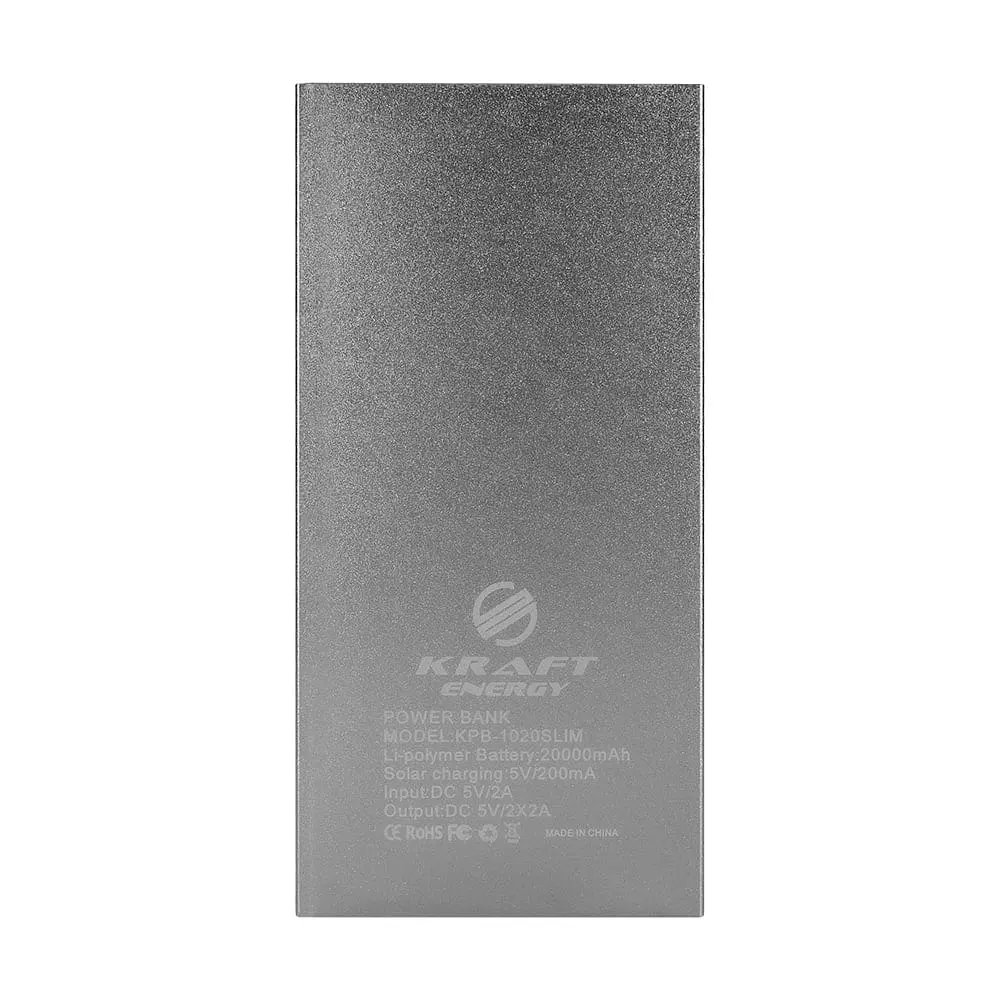 Повербанк з сонячною панеллю 20000mAh Power Bank Kraft KPB-1020SLIM Silver LED-ліхтар (43-00100) - фото 2