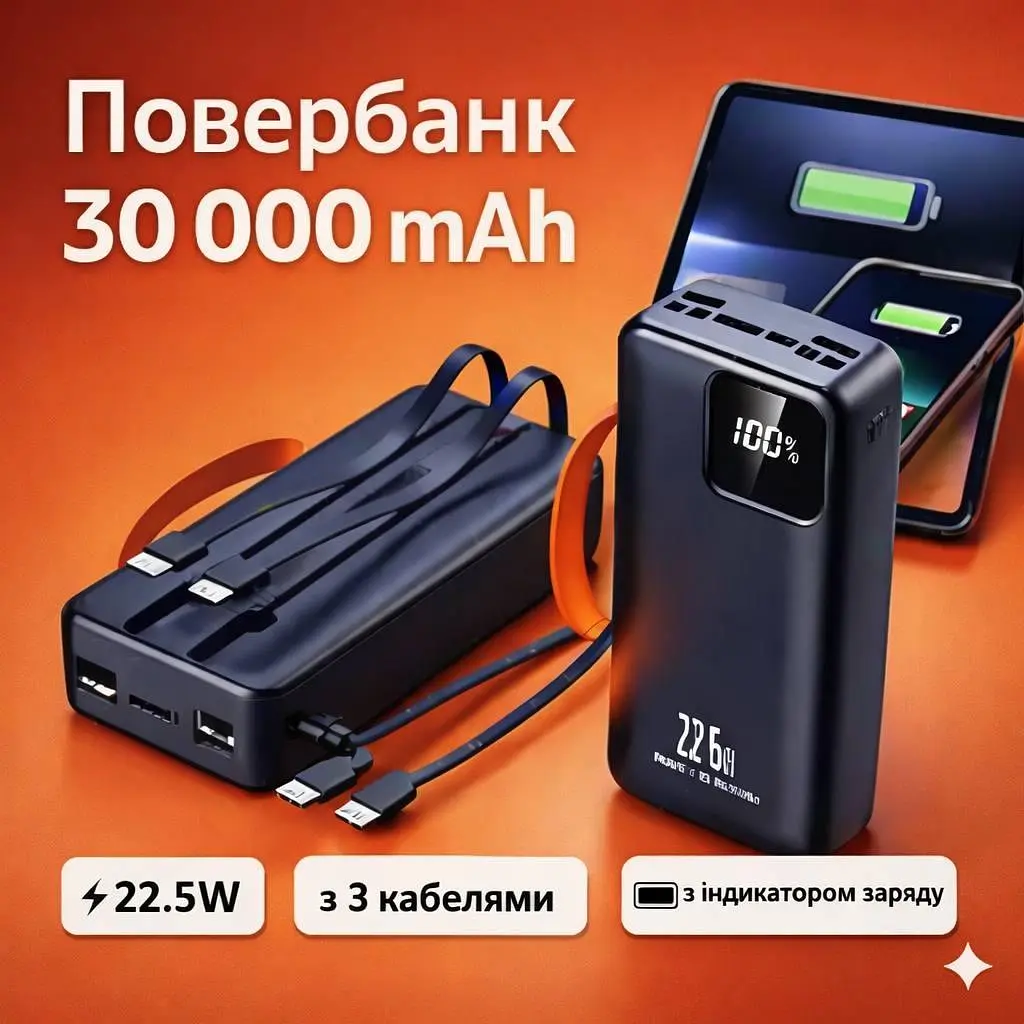 Павербанк Sunix PB-60 Black 30000 mAh 22.5W зовнішній акумулятор Power Bank з дисплеєм та вбудованими кабелями Чорний - фото 2