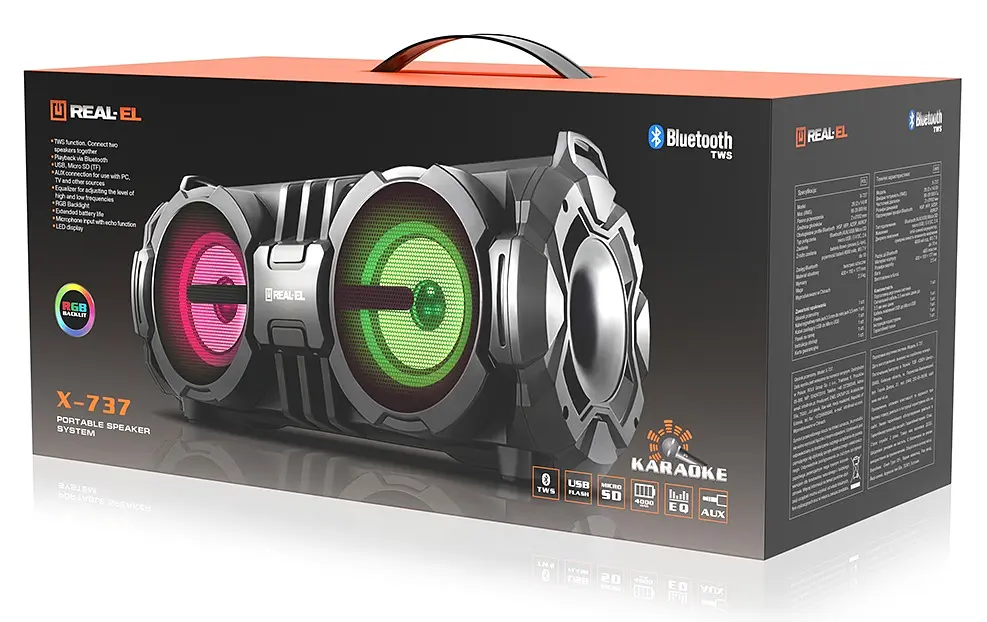 Колонка портативная 2.0 Real-El X-737 Black 2 x 14 Вт пластиковый корпус Bluetooth USB аккумулятор 4000 мАч - фото 6