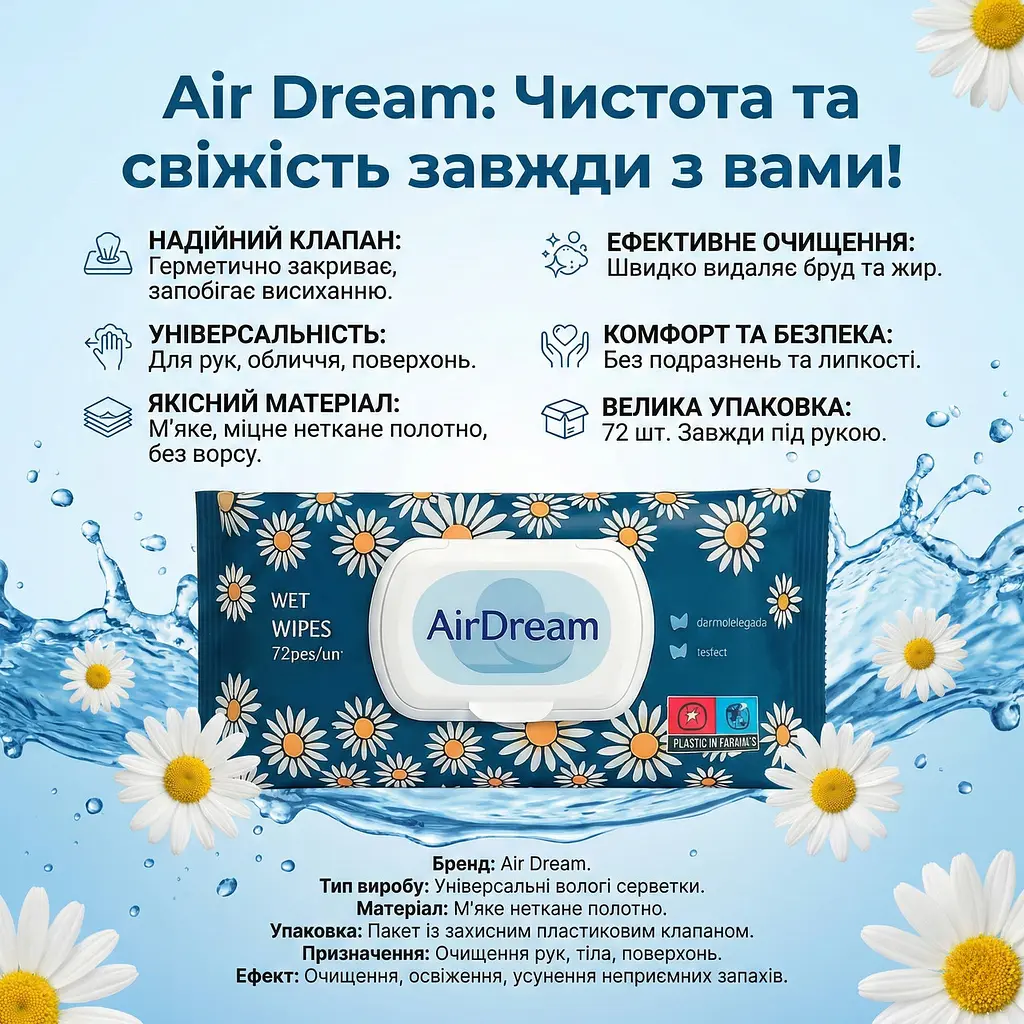 Вологі серветки універсальні Air Dream 72 шт. Серветки з клапаном для всієї родини - фото 2