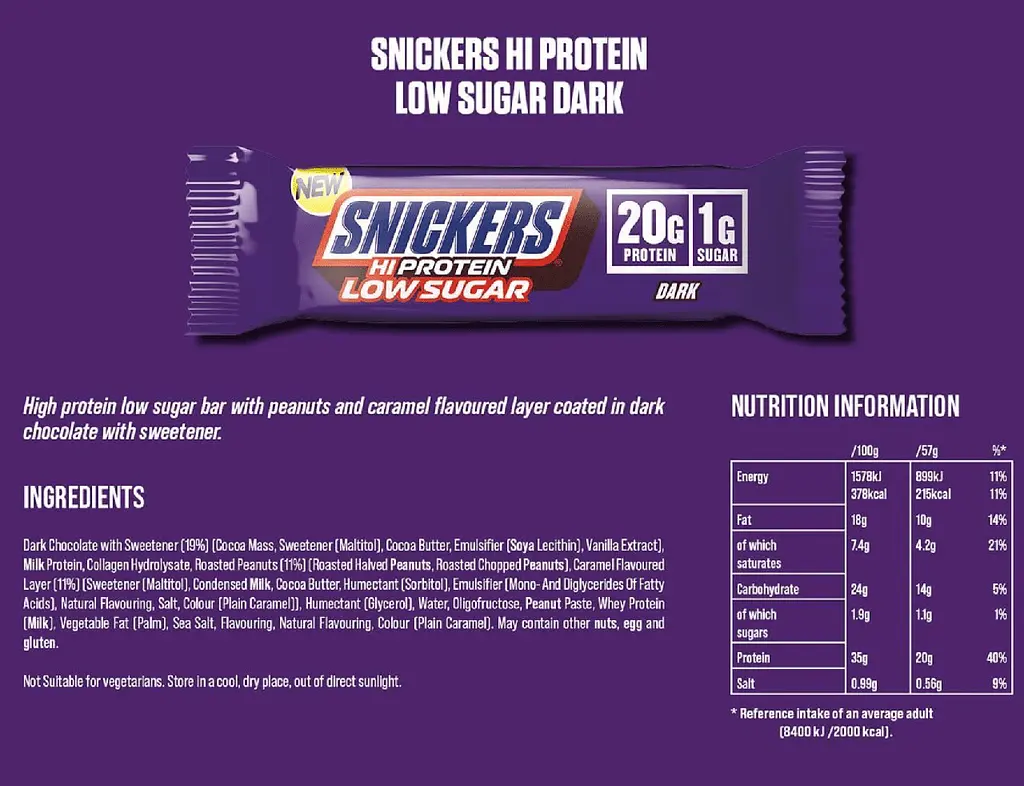 Шоколадний батончик Snickers Hi Protein Low Sugar Dark Chocolate Bar 57 г - фото 4