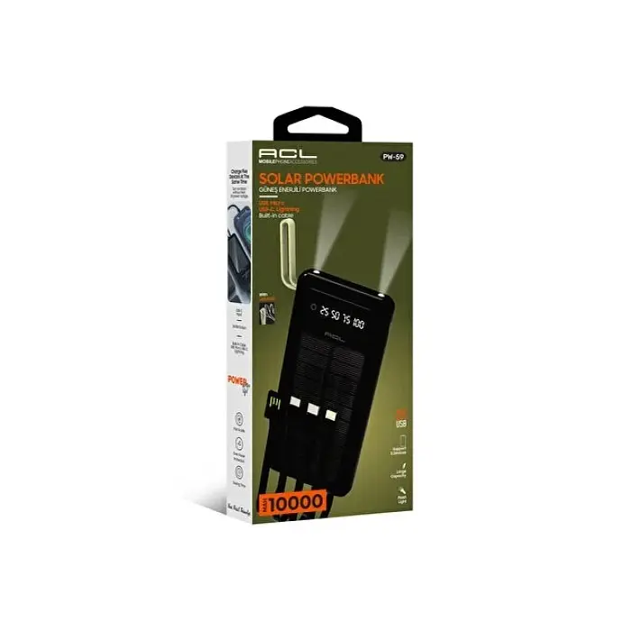 Зовнішній акумулятор Power Bank ACL PW-59 SOLAR 10000 mAh з сонячною панелью та подвійний ліхтар USB-A та USB-C вбудовані кабелі - фото 4
