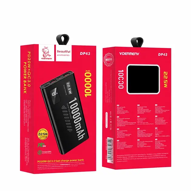 Power Bank Denmen DP43 10000Mah 22.5W QC3.0 LED black EU - фото 3