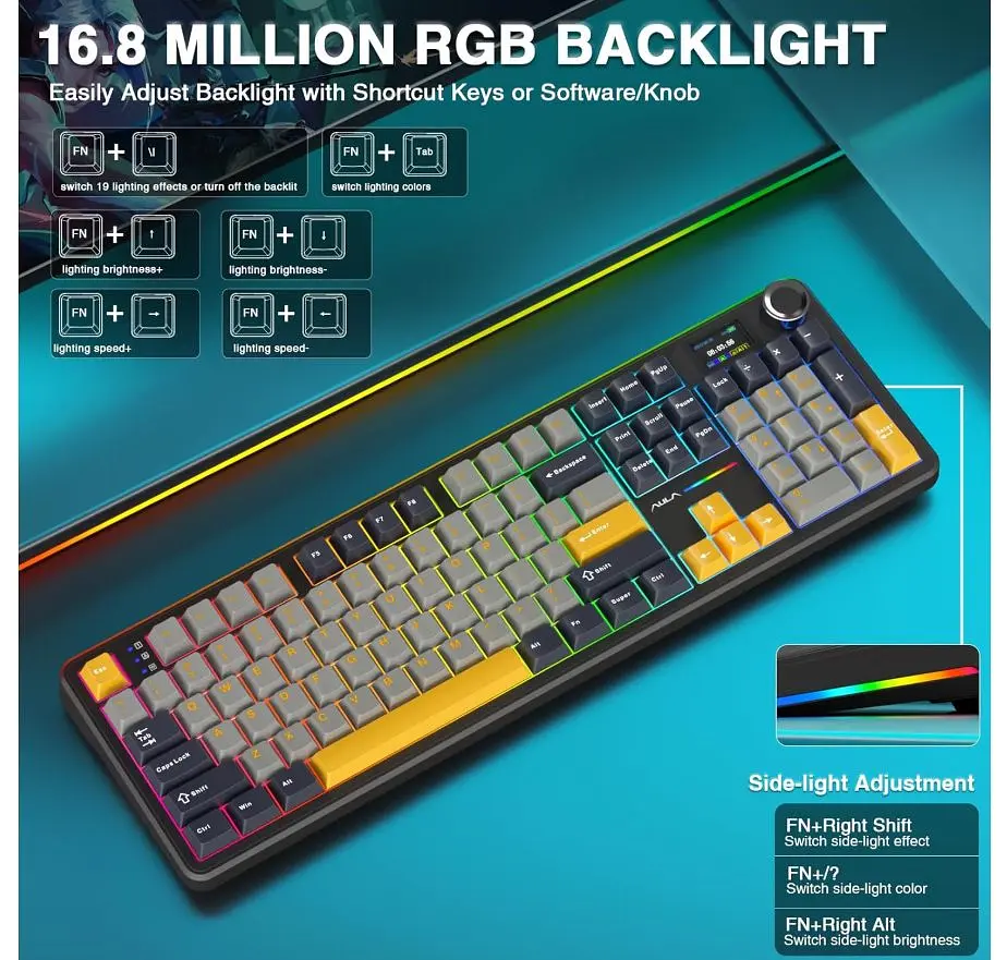 Клавіатура ігрова AULA F-108-Pro Wireless Gasket Keyboard Reaper switch, 2.4G, BT, Black - фото 11