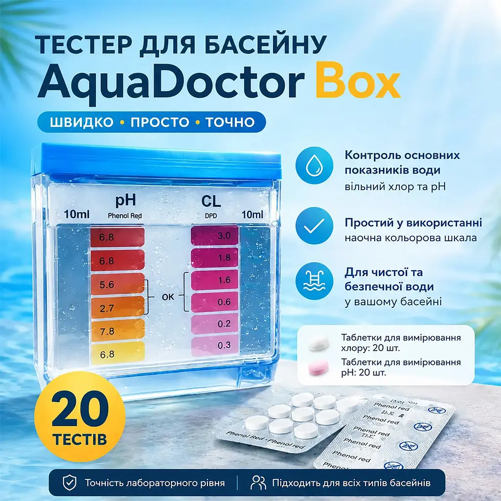 Стартовий набір хімії для басейну AquaDoctor Super Kit 6в1 30–50 м³ швидкий повільний хлор, альгіцид, флокулянт, pH Minus, тестер 88582 - фото 9