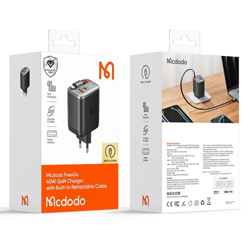Мережевий зарядний пристрій McDodo 40W 1C+1A Digital Display GaN Charger Built-in 65cm retractable USB-C Cable(EU) Чорний - фото 2