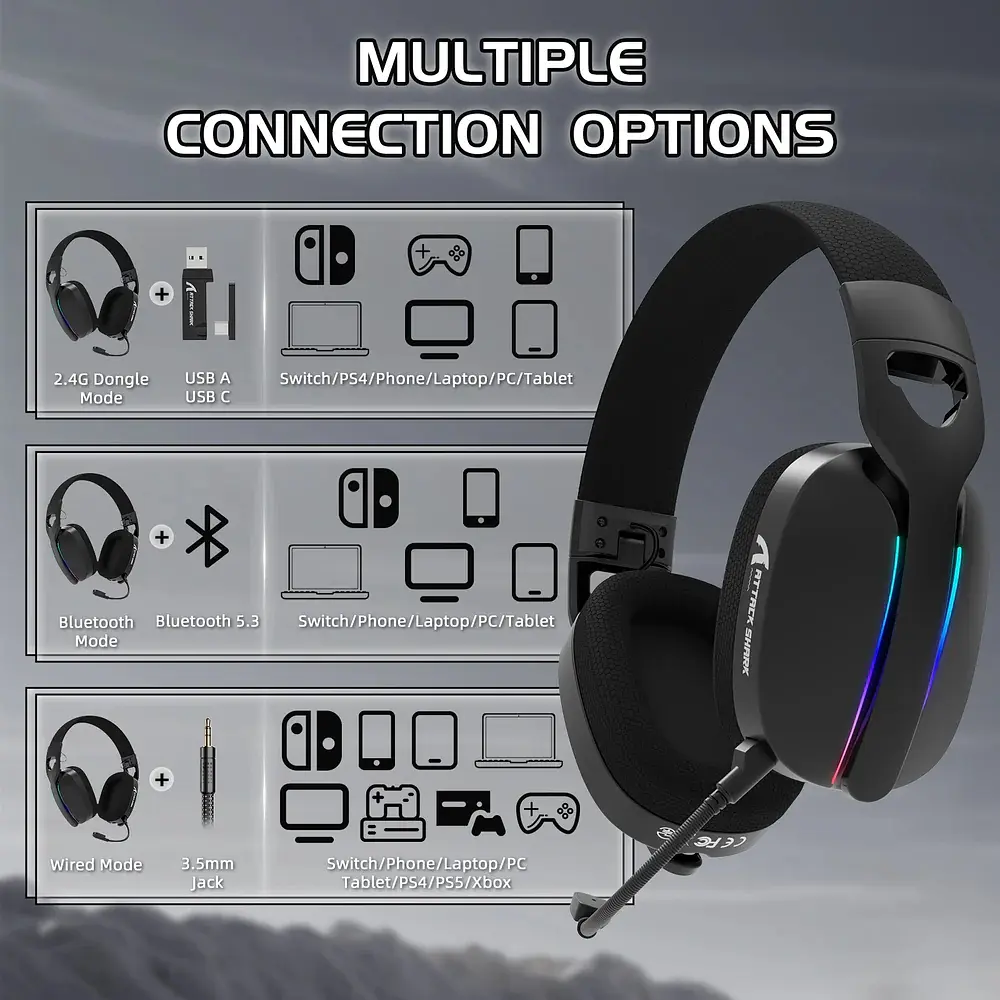 Ігрова гарнітура Attack Shark L90 Wireless,2.4GHz/Bluetooth/3.5mm PS4/PS5/Switch/Xbox/Mac/PC Black - фото 4