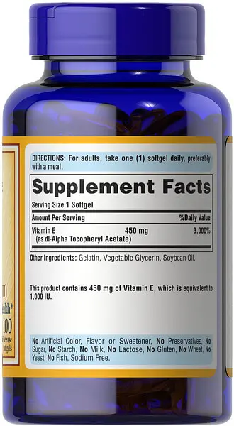 Витамин Е Vitamin E 450 mg 100 жидких капсул Puritan's Pride vit0006331 - фото 2